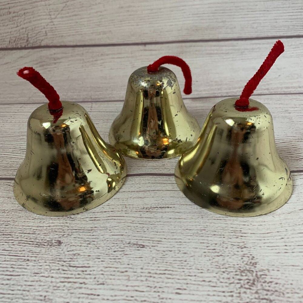 Vintage Gold Metal Bells Set of 3 with Red Strings 3" Diameter